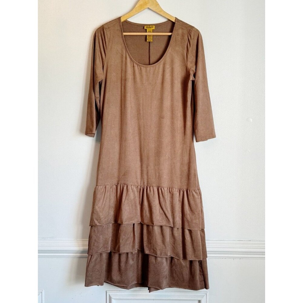 Wrangler Womens Suede Tiered Midi Dress Size Medium 3/4 Sleeve Brown Neutral